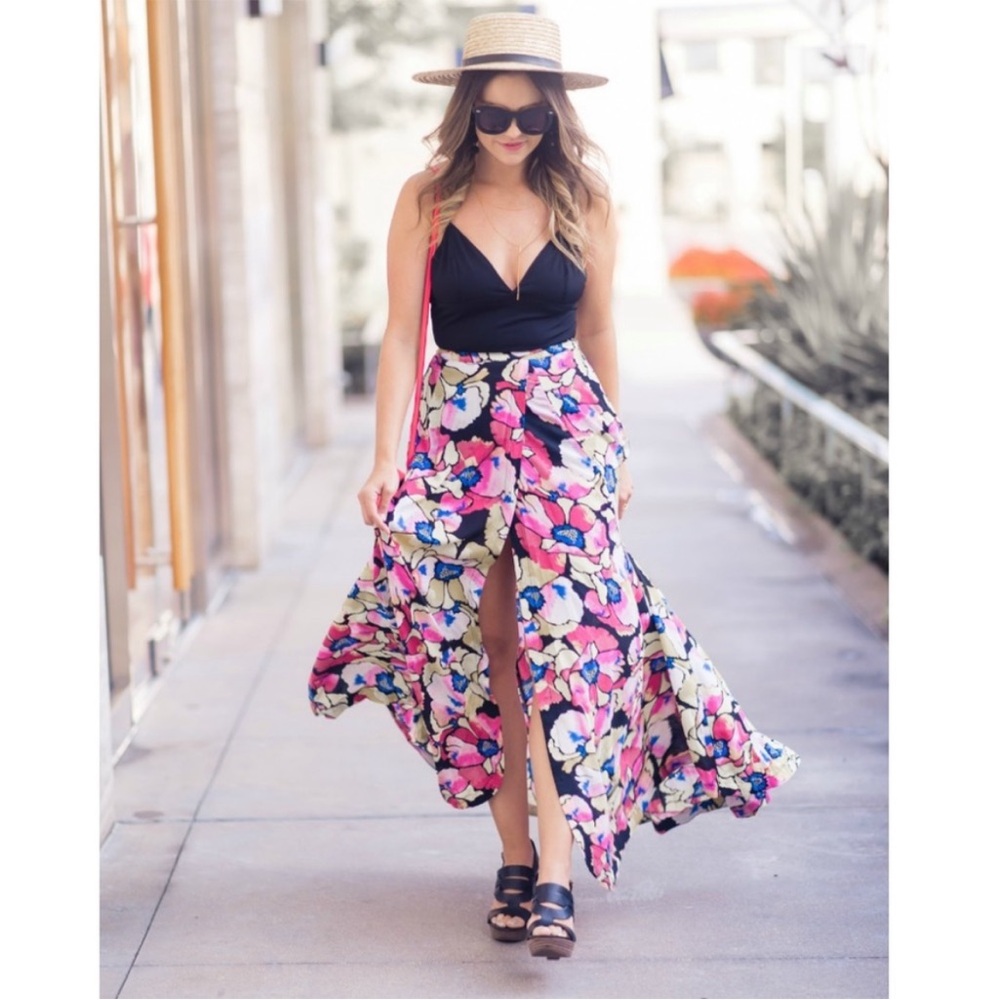 Free People Hot Tropics Maxi Skirt Floral Slit Long Colorful Pockets size 6